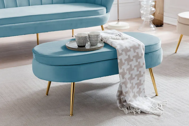 Sitzpouf oval aus Samt Blau, Ansicht 7