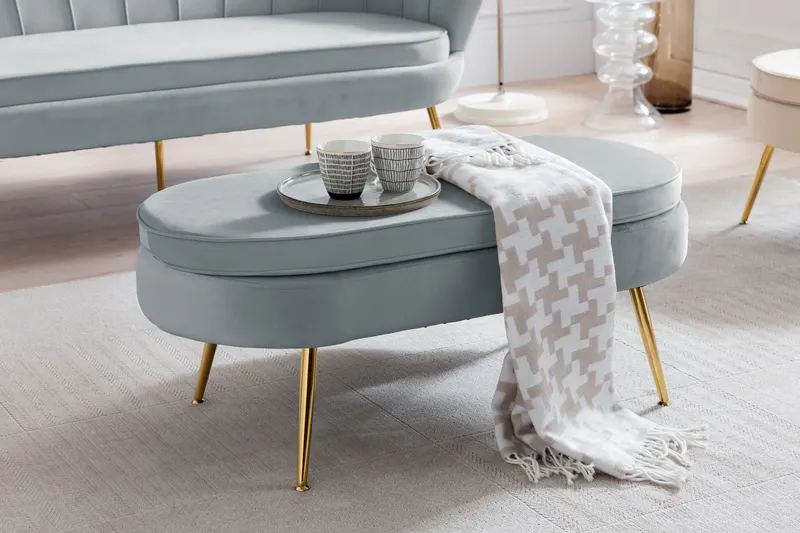 Sitzpouf oval aus Samt in Hellgrau, Ansicht 7