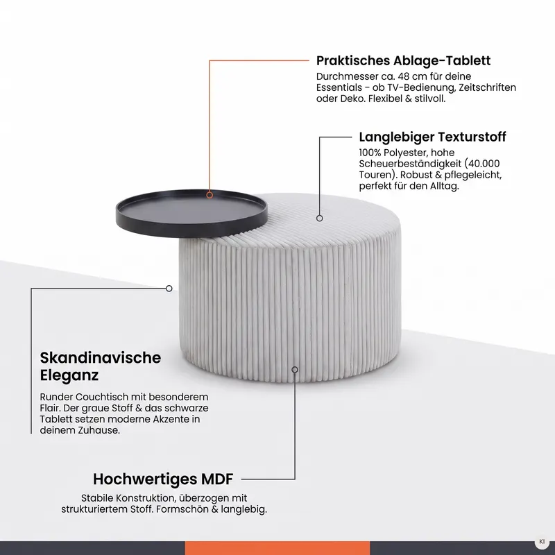 Couchtisch Ø 70 cm mit schwarzem MDF-Tablett, Ansicht 5