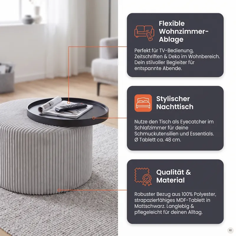 Couchtisch Ø 70 cm mit schwarzem MDF-Tablett, Ansicht 7