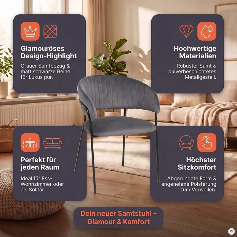 Stuhl mit Samtbezug und Rückensteppung, Grau, Ansicht 11