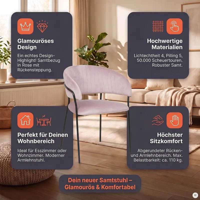 Stuhl mit Samtbezug und Rückensteppung in Rosé, Ansicht 11