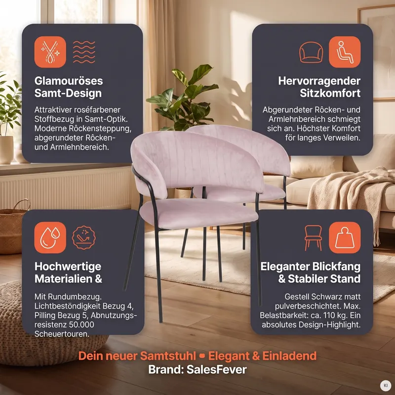 Stuhl mit Samtbezug und Rückensteppung in Rosé, Ansicht 9