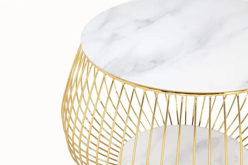 Couchtisch mit Metallkorb und Glasplatte, Weiß und Gold, Ansicht 2