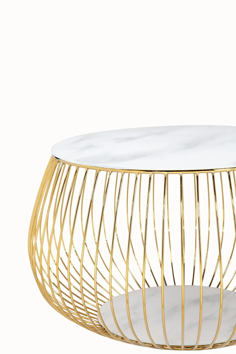 Couchtisch mit Metallkorb und Glasplatte, Weiß und Gold, Ansicht 3