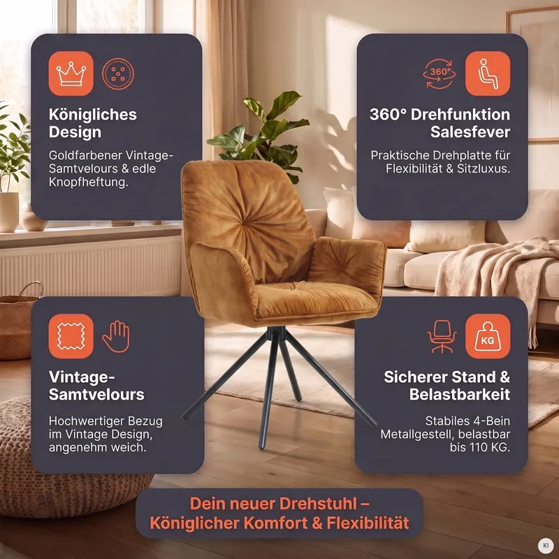 Armlehnstuhl mit 360° Drehfunktion, Gold, Ansicht 10