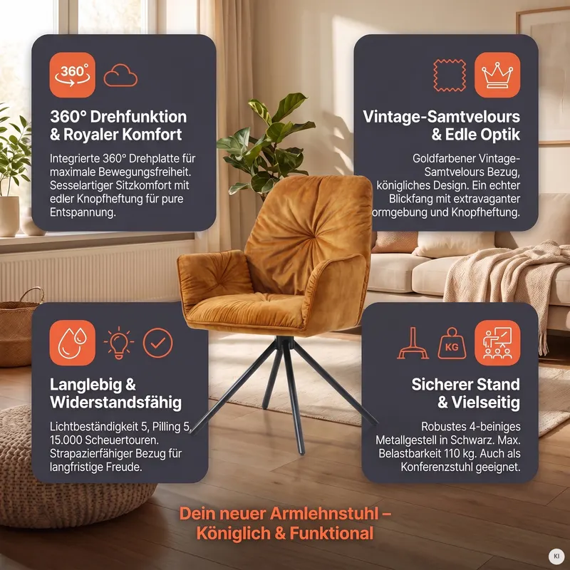 Armlehnstuhl mit 360° Drehfunktion, Gold, Ansicht 8
