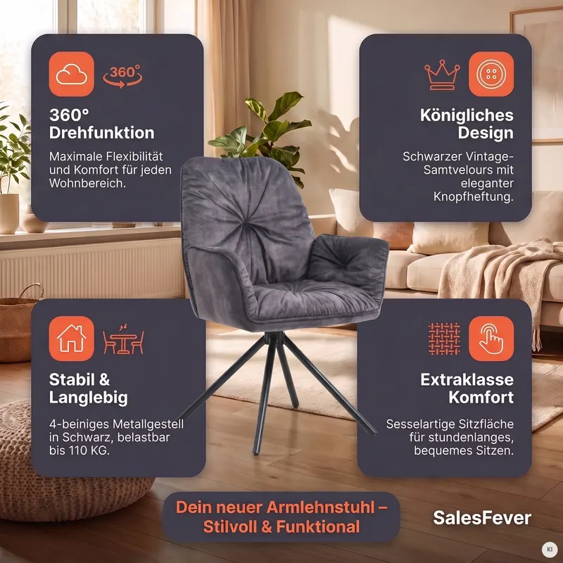 Armlehnstuhl mit 360° Drehfunktion, Schwarz, Ansicht 10