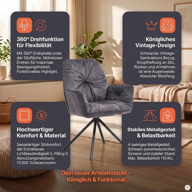 Armlehnstuhl mit 360° Drehfunktion, Schwarz, Ansicht 8