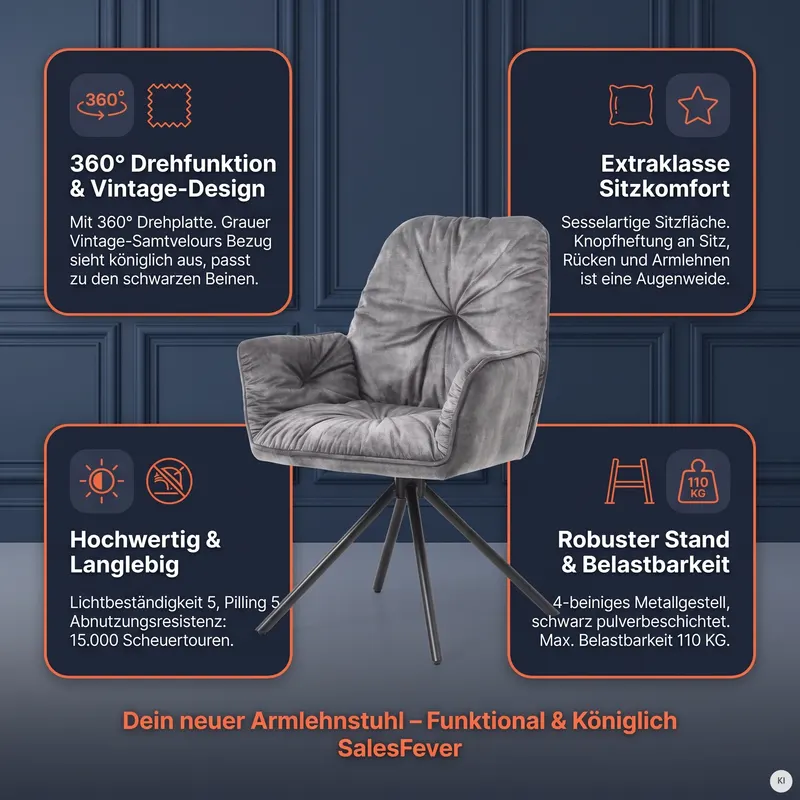 Armlehnstuhl mit 360° Drehfunktion, Grau, Ansicht 9