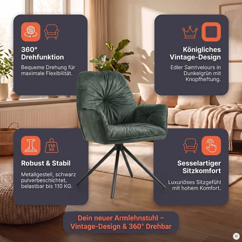 Armlehnstuhl mit 360° Drehfunktion, Dunkelgrün, Ansicht 10