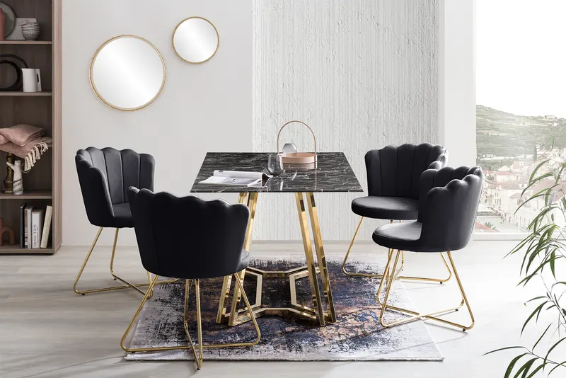 Esstisch 160 × 90 cm, Schwarz in Marmoroptik, Gold, Ansicht 11