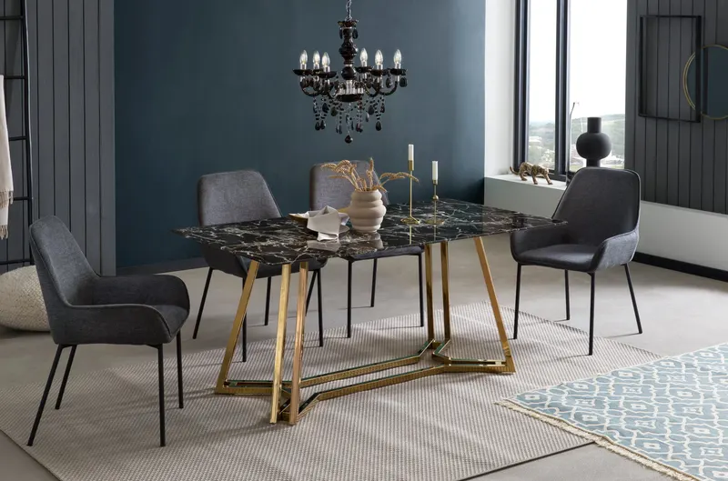 Esstisch 160 × 90 cm, Schwarz in Marmoroptik, Gold, Ansicht 12