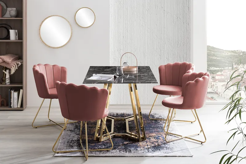 Esstisch 160 × 90 cm, Schwarz in Marmoroptik, Gold, Ansicht 7