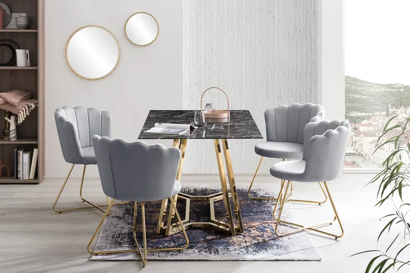 Esstisch 160 × 90 cm, Schwarz in Marmoroptik, Gold, Ansicht 8