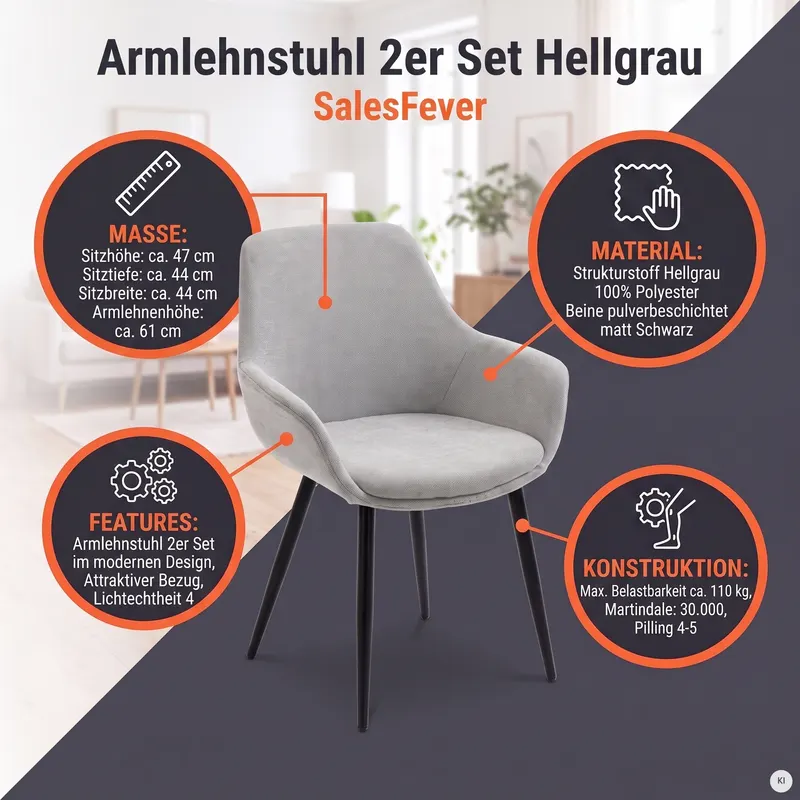 Armlehnstuhl 2er Set Hellgrau, Ansicht 16