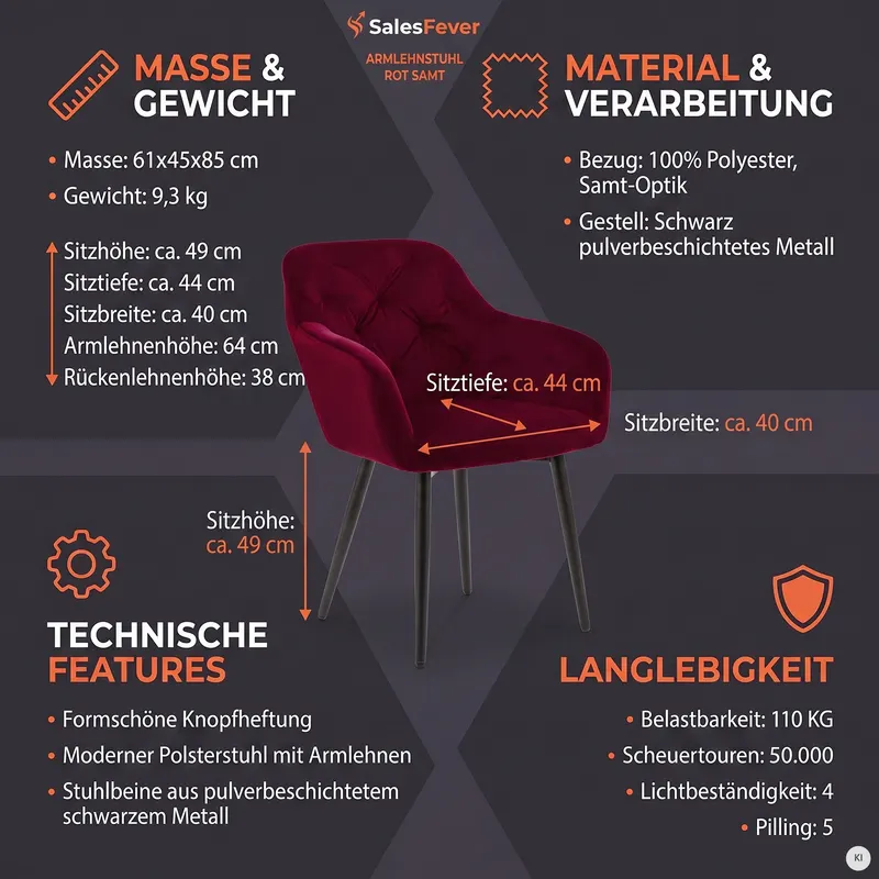 Armlehnstuhl Rot in Samt-Optik, Ansicht 9