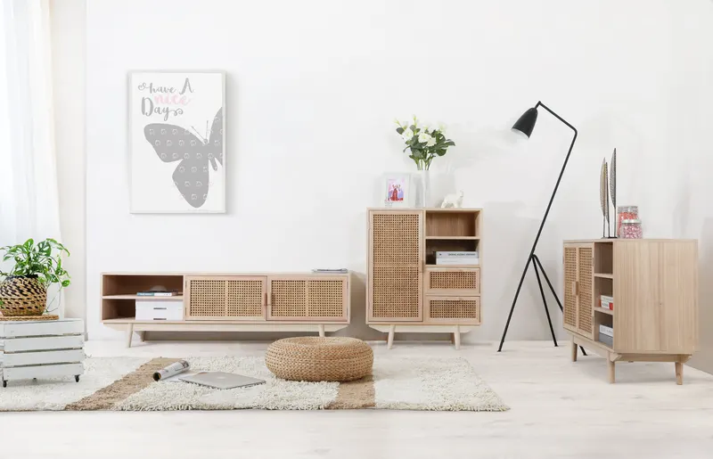 Sideboard 100 × 36 cm mit Rattanfront, Natur, Ansicht 3