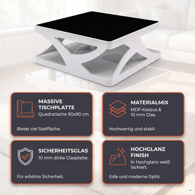 Couchtisch 90 × 90 cm weiß/schwarz, Ansicht 8