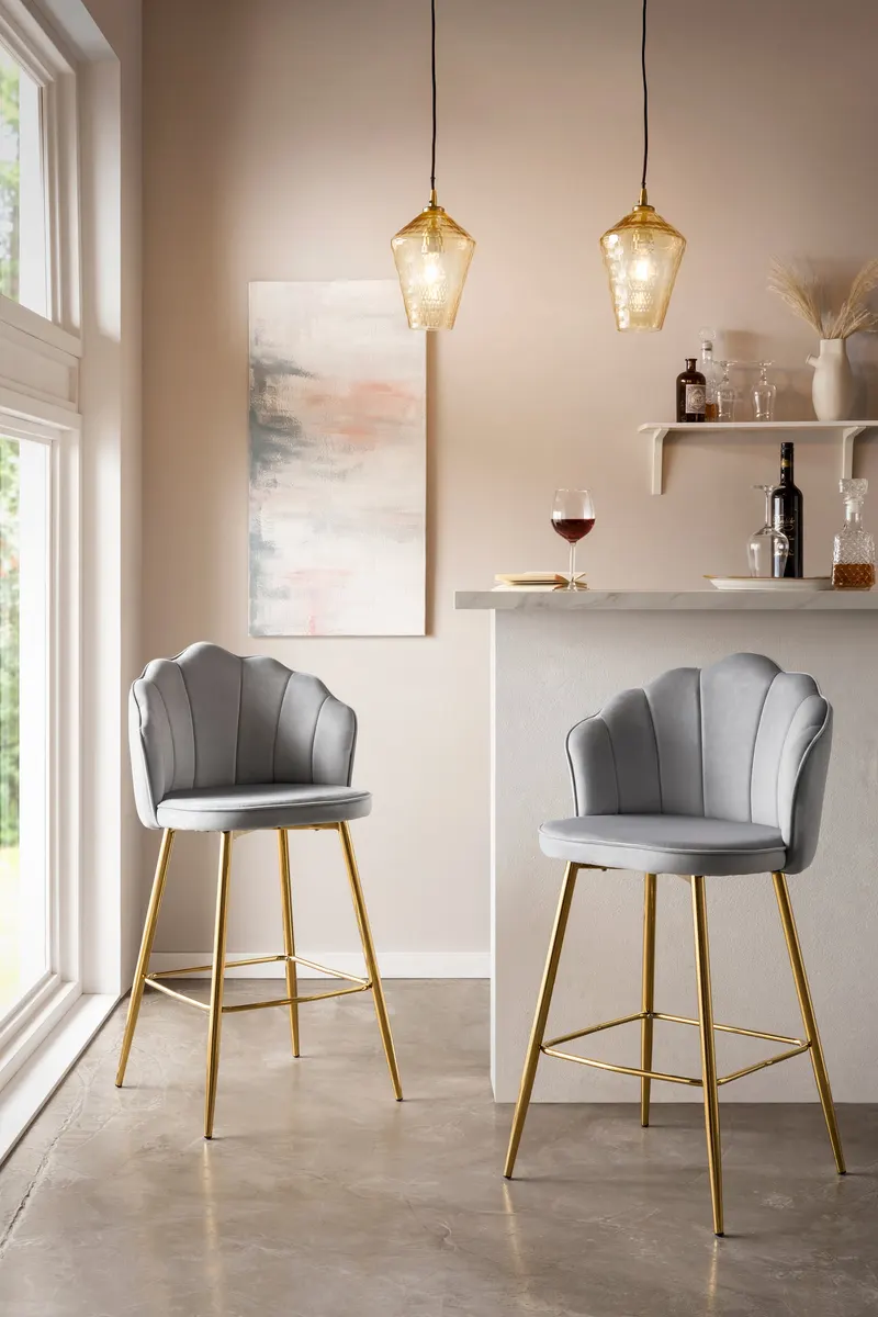 Barhocker Muscheldesign 2er Set Samt Hellgrau, Ansicht 7