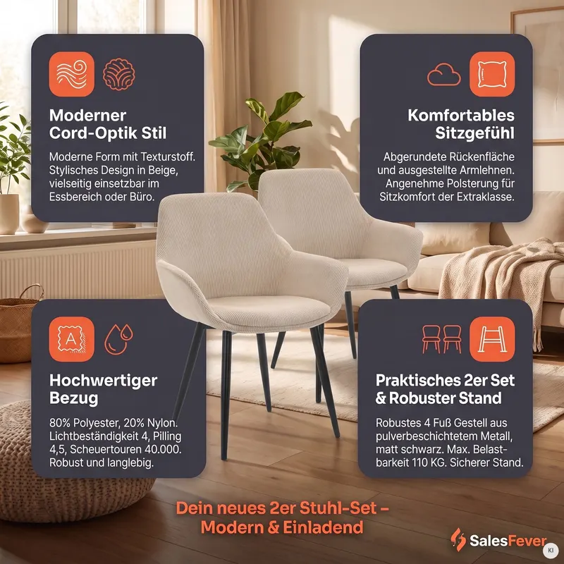 Armlehnstuhl Cord-Optik 2er Set Beige, Ansicht 12