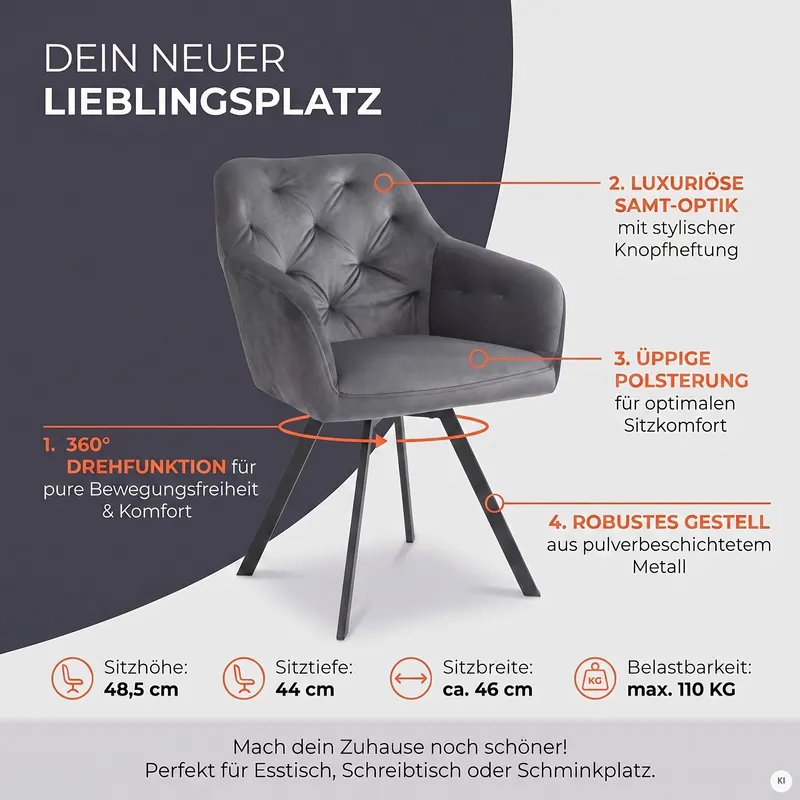 Armlehnstuhl mit 360° Drehfunktion Grau, Ansicht 14