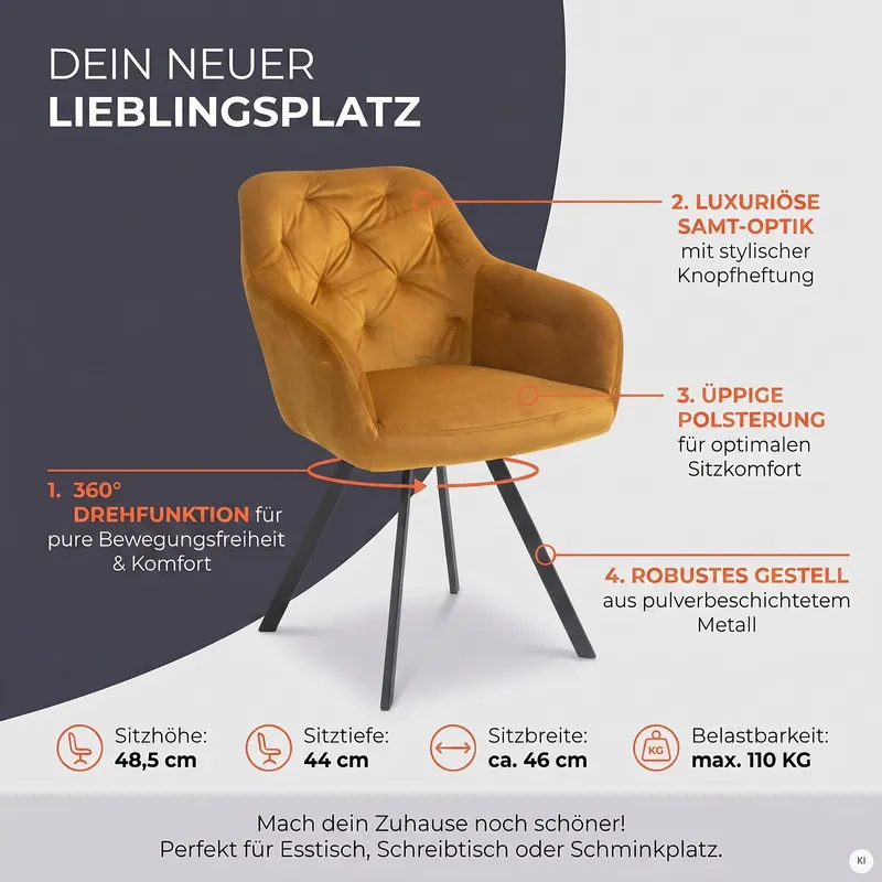 Armlehnstuhl mit 360° Drehfunktion, Senfgelb, Ansicht 14
