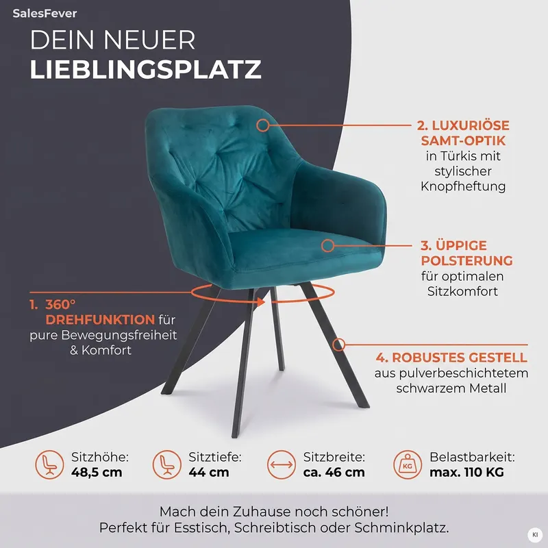 Armlehnstuhl mit 360° Drehfunktion Türkis, Ansicht 14
