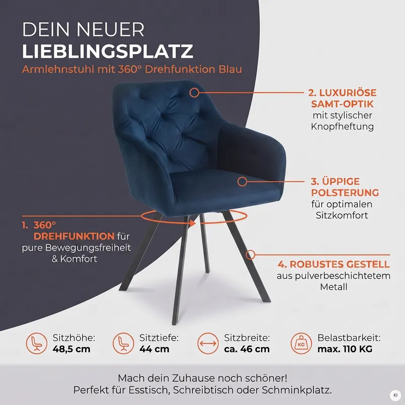 Armlehnstuhl mit 360° Drehfunktion Blau, Ansicht 14