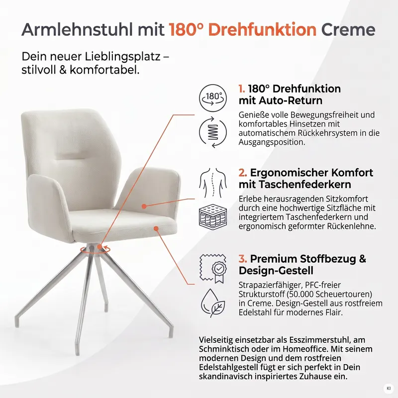 Armlehnstuhl mit 180° Drehfunktion Creme, Ansicht 10