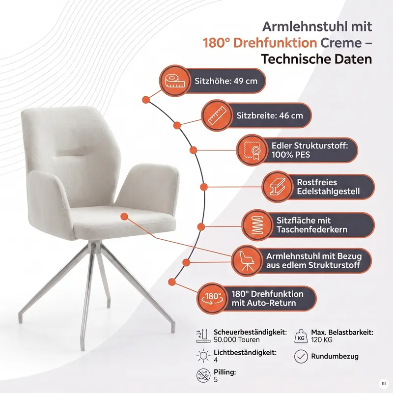 Armlehnstuhl mit 180° Drehfunktion Creme, Ansicht 11