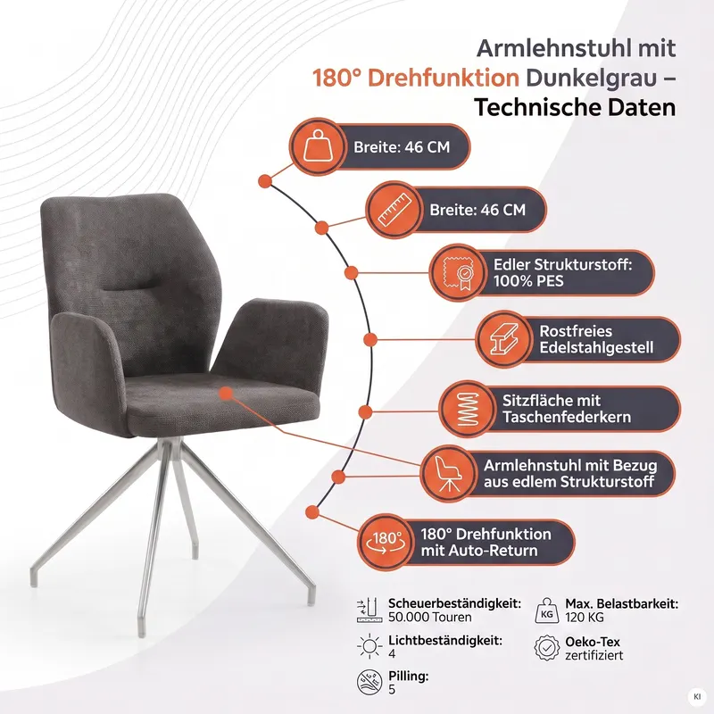 Armlehnstuhl mit 180° Drehfunktion Dunkelgrau, Ansicht 9