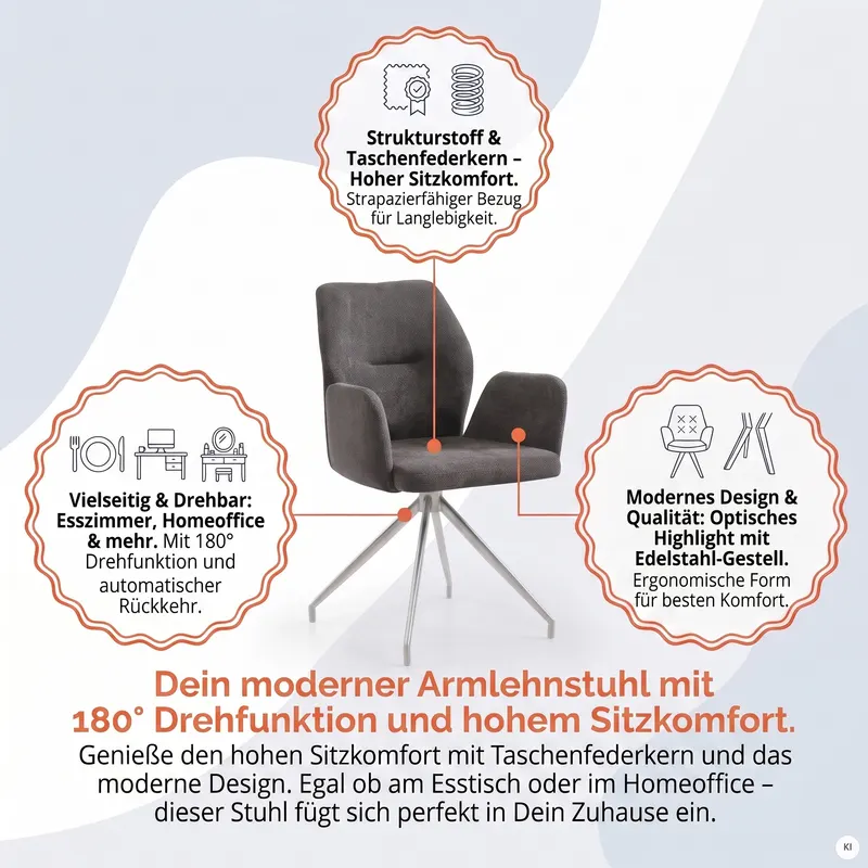 Armlehnstuhl mit 180° Drehfunktion Dunkelgrau, Ansicht 10