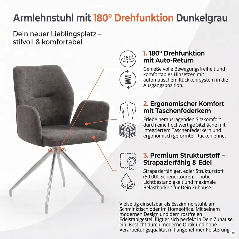 Armlehnstuhl mit 180° Drehfunktion Dunkelgrau, Ansicht 8