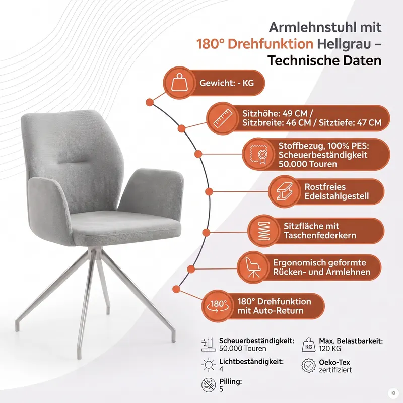 Armlehnstuhl mit 180° Drehfunktion, hellgrau, Ansicht 10