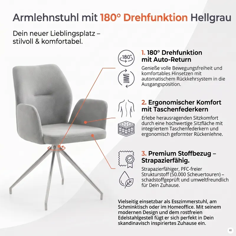 Armlehnstuhl mit 180° Drehfunktion, hellgrau, Ansicht 9