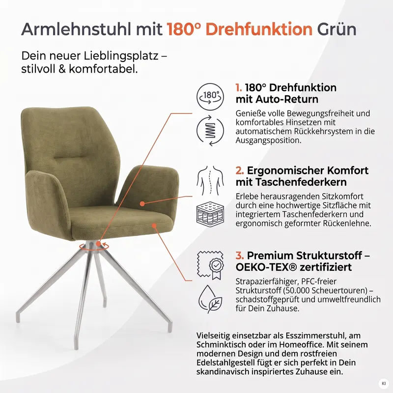 Armlehnstuhl mit 180° Drehfunktion Grün, Ansicht 8