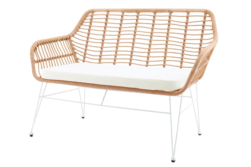 Sitzbank Rattanoptik natur mit weißem Metallgestell, Ansicht 2