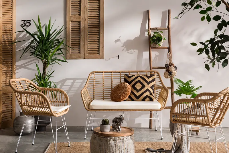 Sitzbank Rattanoptik natur mit weißem Metallgestell, Ansicht 6