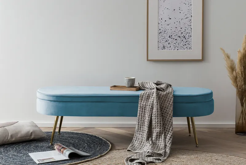 Sitzpouf oval lang aus Samt Blau, Ansicht 3