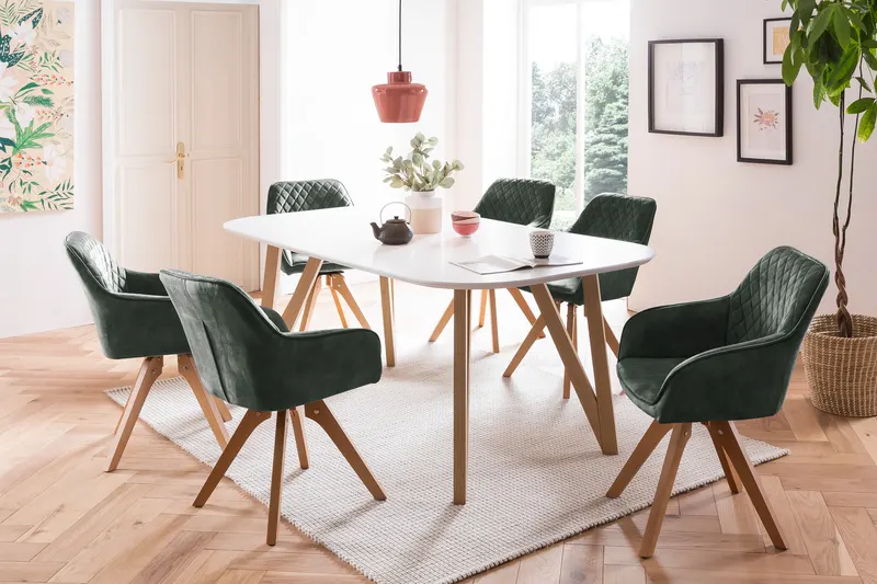 Aino/Mercur Essgruppe mit weißem Tisch und dunkelgrünen Stühlen, Weiß/Grau/Natur