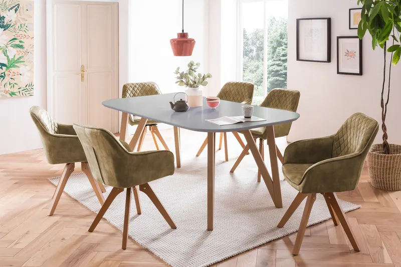Essgruppe mit grauem Tisch und grünen Stühlen, Ansicht 1