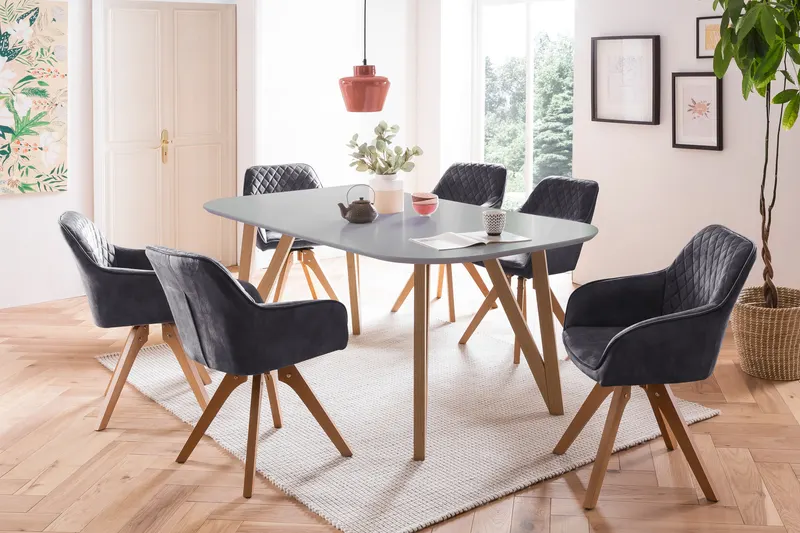 Essgruppe 5-teilig, Tisch 180 × 90 cm, graue Stühle, Ansicht 1