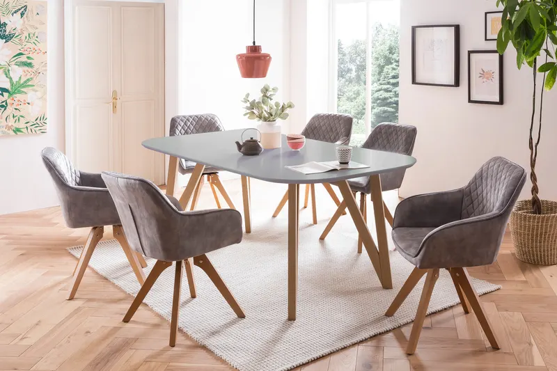 Essgruppe 5-teilig, Tisch 180 × 90 cm, graue Stühle, Ansicht 1
