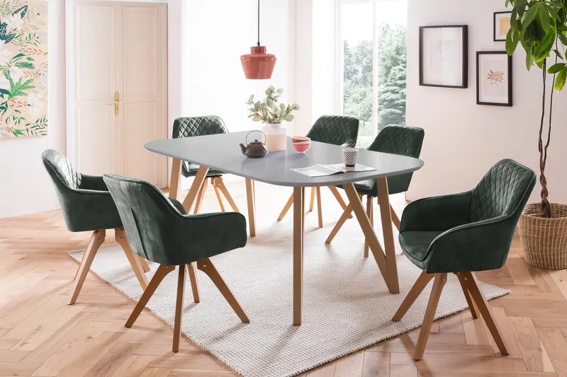 Aino/Mercur Essgruppe 5-teilig mit Tisch 180 × 90 cm, Grau/Dunkelgrün/Natur