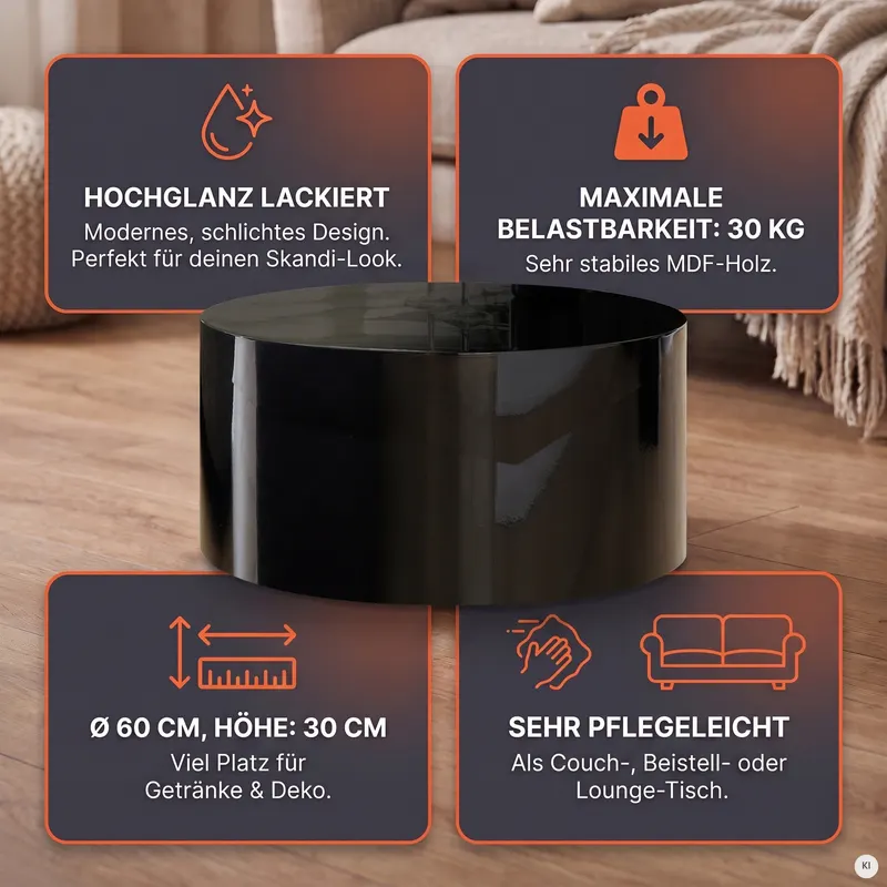 Couchtisch Ø 60 cm rund schwarz, Ansicht 3