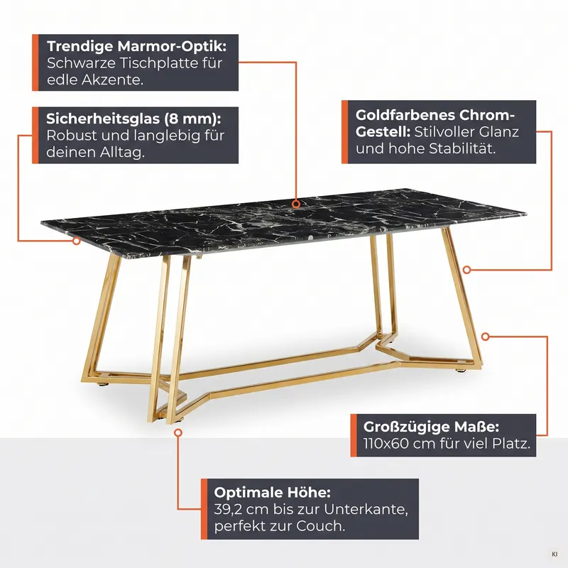 Couchtisch 110 × 60 cm, Schwarz/Gold, Ansicht 6