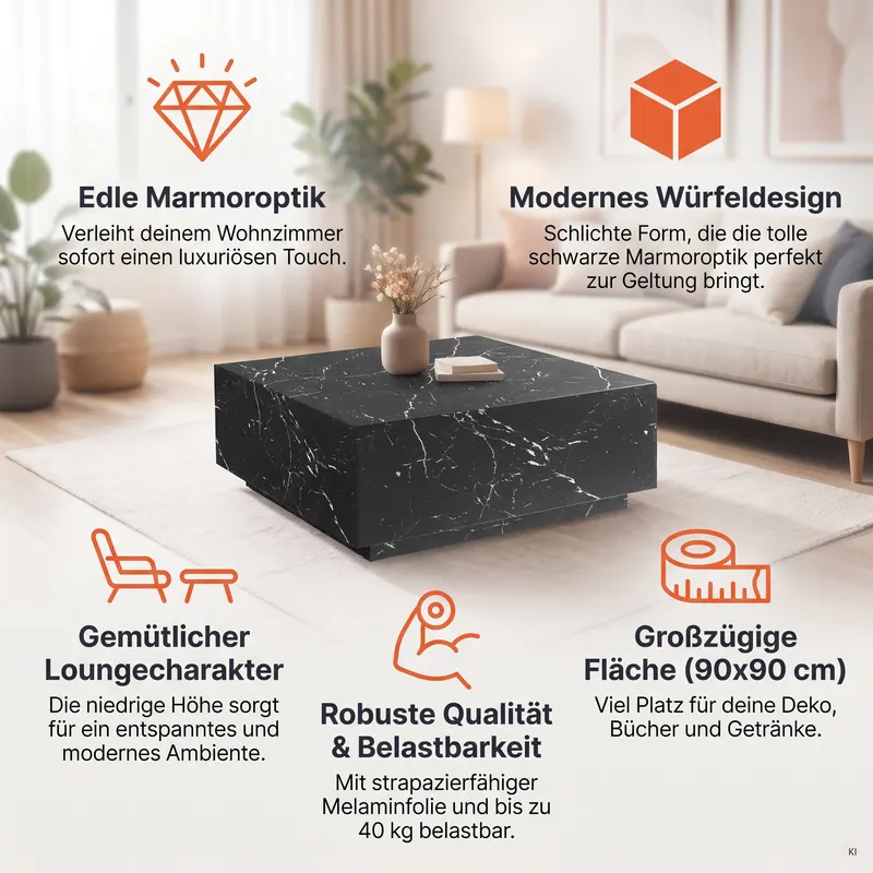 Couchtisch 90 × 90 cm, Schwarz in Marmoroptik, Ansicht 7