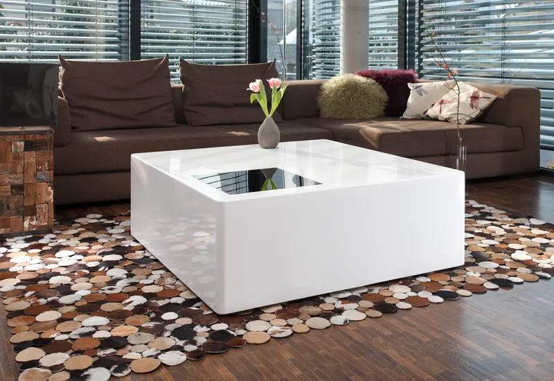 Couchtisch 100 x 100 x 40 cm weiß mit Schwarzglas, Ansicht 2