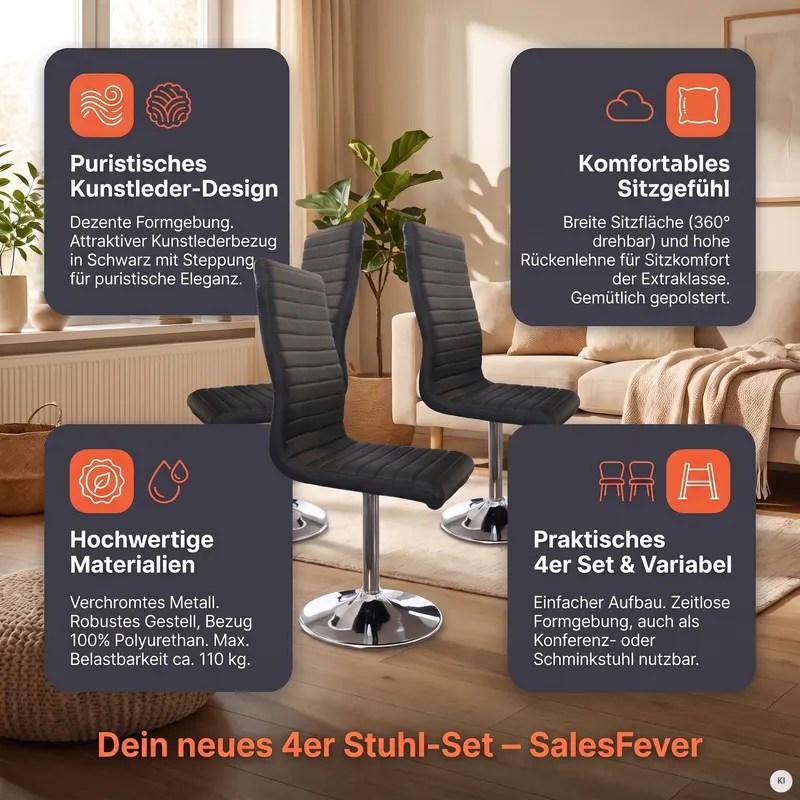 Esszimmerstuhl schwarz in Kunstleder-Optik, 4er-Set, Ansicht 12